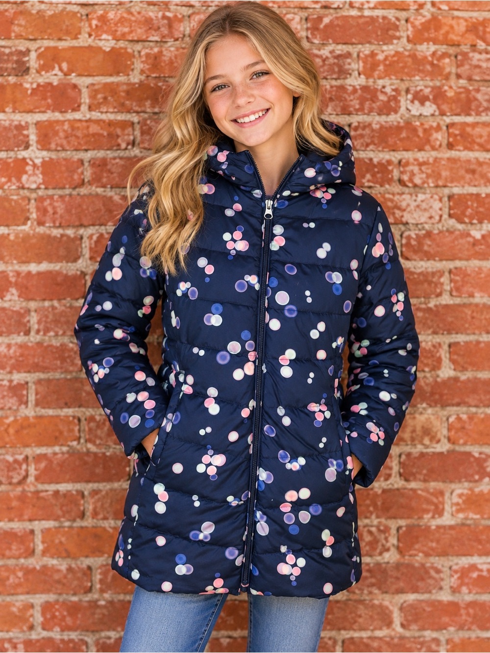 Lands' End Navy Hooded Insulated Puffer Coat with Pastel Dot Print